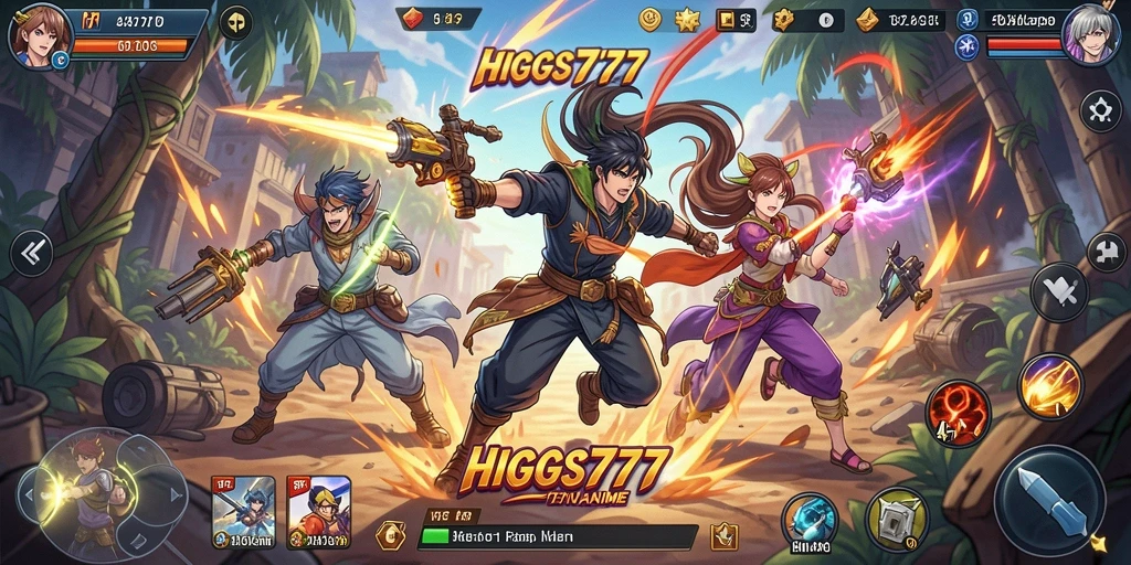 Tangkapan layar gameplay HIGGS777 yang menampilkan pertarungan karakter Anime.