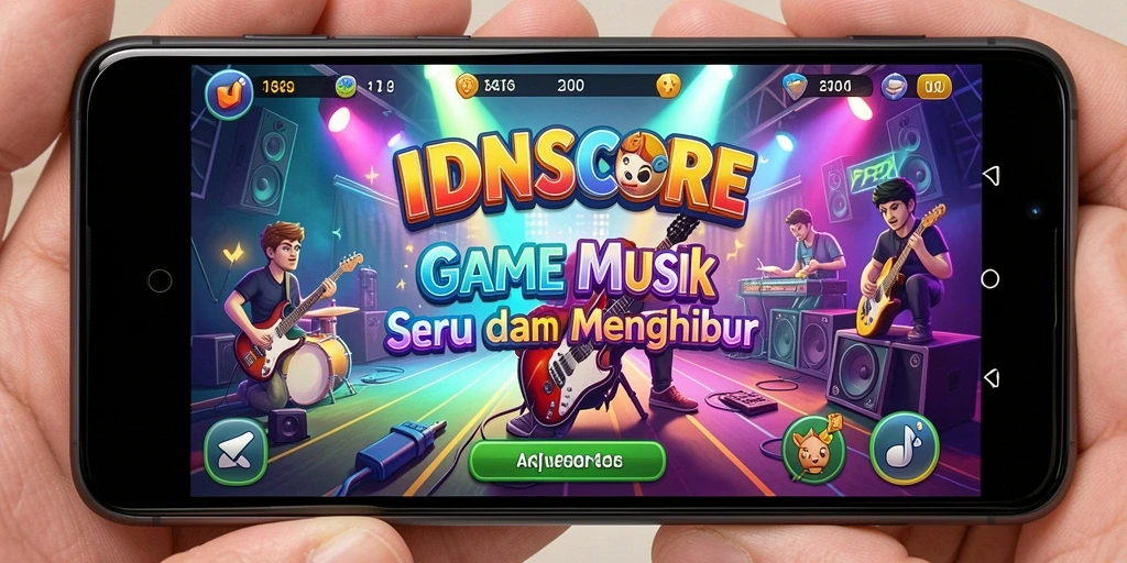 Tangkapan layar IDNSCORE menampilkan antarmuka menarik dan gameplay musik yang interaktif.