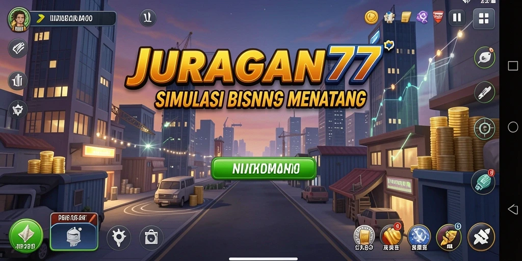 Screenshot utama JURAGAN77 menampilkan antarmuka permainan simulasi bisnis yang menarik.