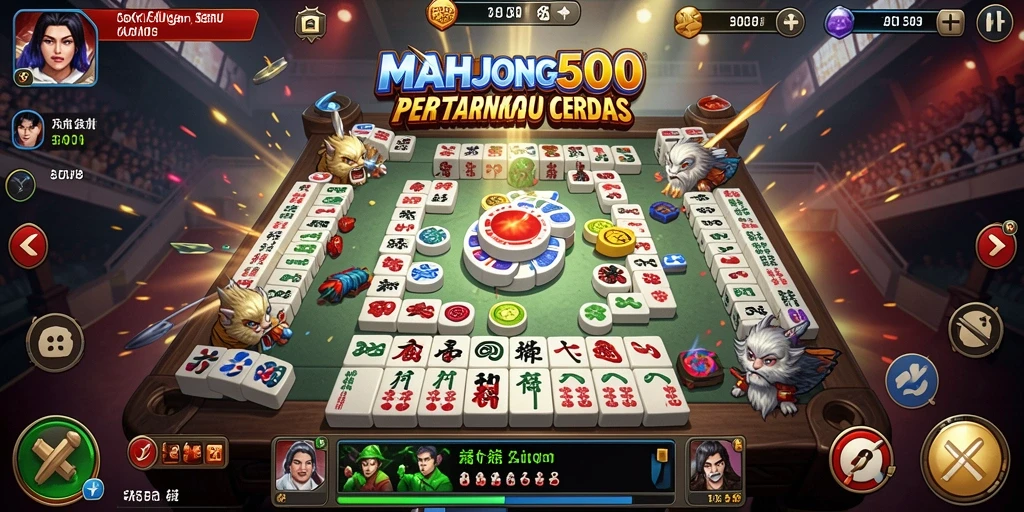 Screenshot MAHJONG500 menampilkan aksi pertarungan mendebarkan dan karakter keren.
